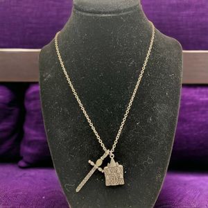 Castle and Sword long, silver-tone necklace!